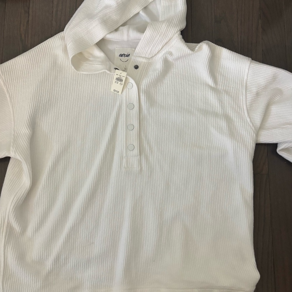 Aerie White Ribbed Hooded Top